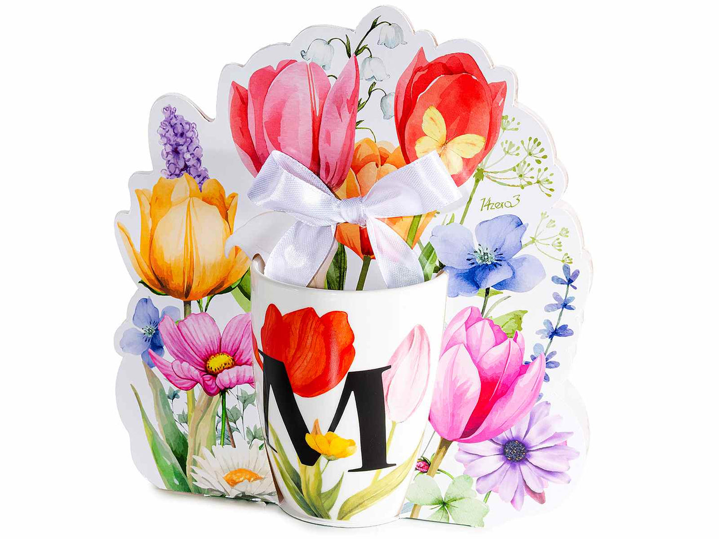 TAZZA FLOREALE 300 ML CON INIZIALE "M" CONFEZIONE REGALOSAGOMATA CON FIOCCO