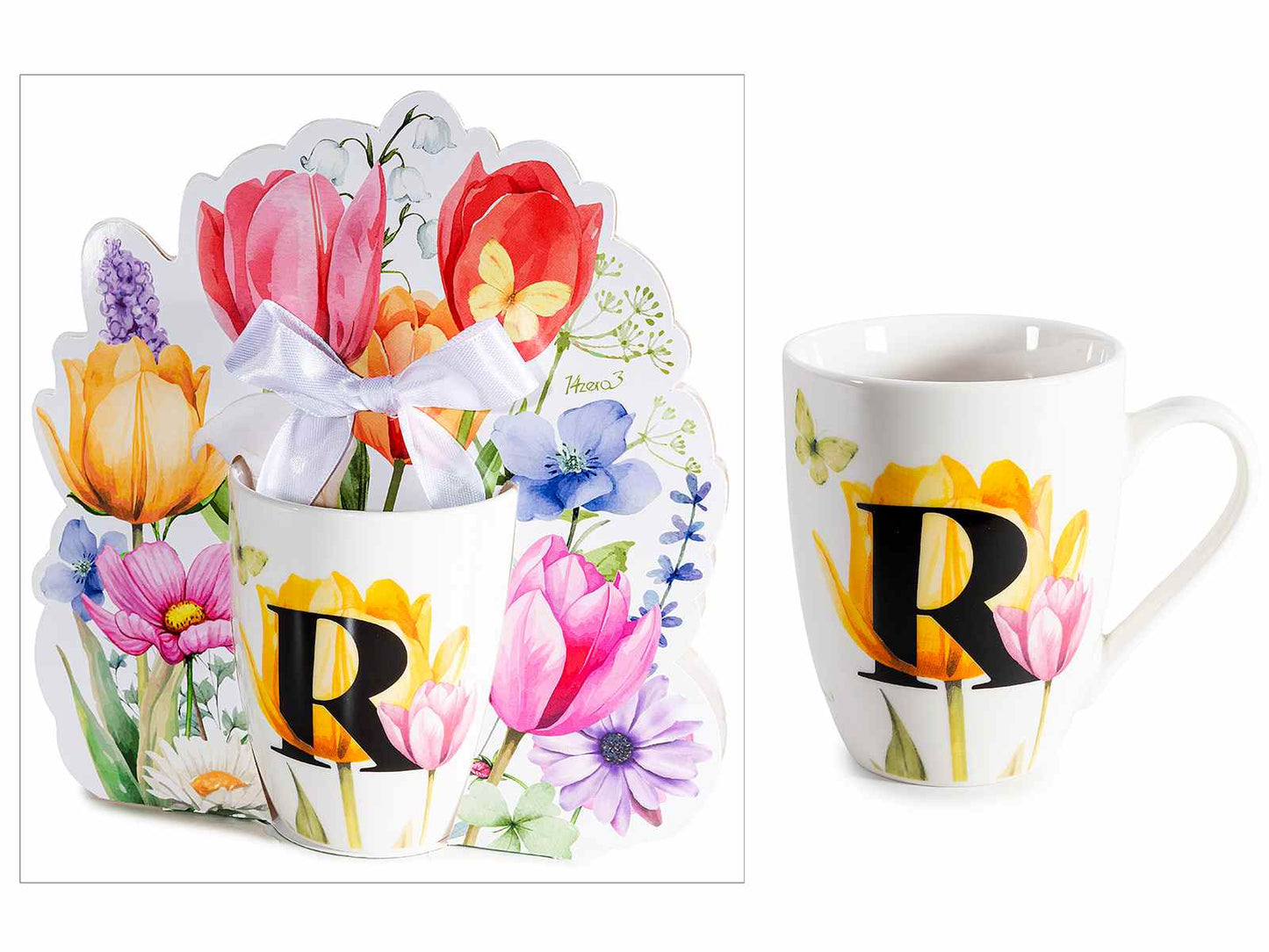 TAZZA FLOREALE 300 ML CON INIZIALE "R" CONFEZIONE REGALO SAGOMATA CON FIOCCO