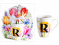 TAZZA FLOREALE 300 ML CON INIZIALE "R" CONFEZIONE REGALO SAGOMATA CON FIOCCO