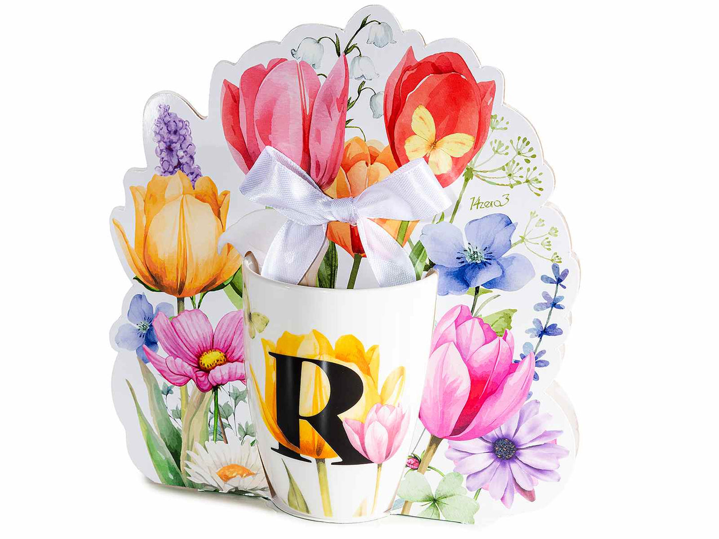 TAZZA FLOREALE 300 ML CON INIZIALE "R" CONFEZIONE REGALO SAGOMATA CON FIOCCO