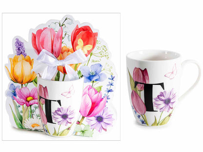TAZZA FLOREALE 300 ML CON INIZIALE "T" CONFEZIONE REGALO SAGOMATA CON FIOCCO