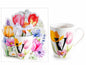 TAZZA FLOREALE 300 ML CON INIZIALE "V" CONFEZIONE REGALO SAGOMATA CON FIOCCO