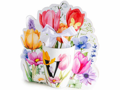 TAZZA FLOREALE 300 ML CON INIZIALE "V" CONFEZIONE REGALO SAGOMATA CON FIOCCO