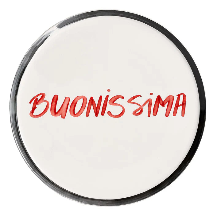 PIATTO PIZZA BIANCO GRES PORCELLANA DECORO"BUONISSIMA" CM 31 BORDO SFUMATO NERO/GRIGIO