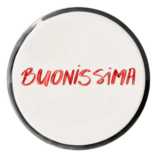 PIATTO PIZZA BIANCO GRES PORCELLANA DECORO"BUONISSIMA" CM 31 BORDO SFUMATO NERO/GRIGIO