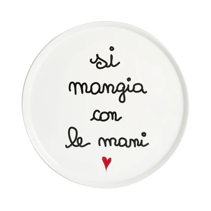 PIATTO PIZZA IN  GRES PORCELLANATO DECORO "SI MANGIA CON LE MANI" 31,5 CM