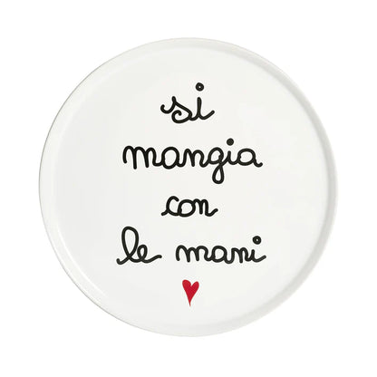PIATTO PIZZA IN  GRES PORCELLANATO DECORO "SI MANGIA CON LE MANI" 31,5 CM