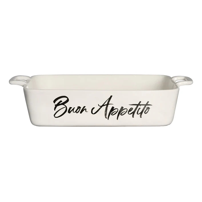 PIROFILA IN PORCELLANA BIANCA " BUON APPETITO"ADATTA ALL'UTILIZZO IN FORNO E MICROONDEDimensioni: grande 30(36)x22ICROONDE