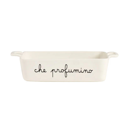 PIROFILA IN PORCELLANA BIANCA " CHE PROFUMINO"ADATTA ALL'UTILIZZO IN FORNO E MICROONDEDimensioni: grande 30(36)x22ICROONDE