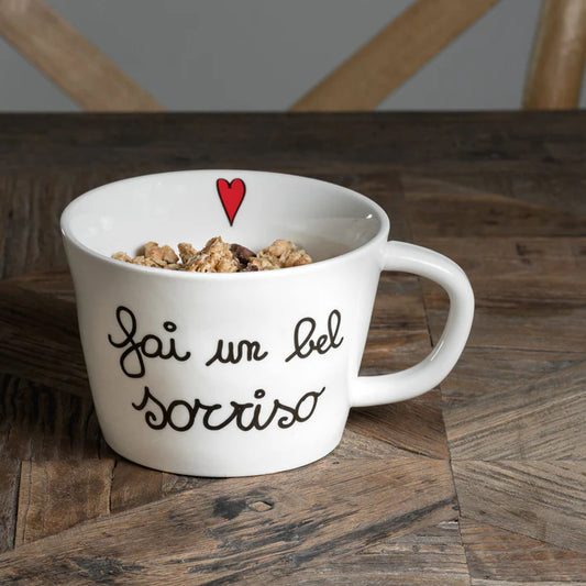 Set 2 Tazze Colazione PORCELLANA  Fai Un Bel Sorriso Dimensioni 9 cm manico escluso, diam. 12.4 cm