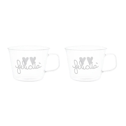 SET 2 TAZZE COLAZIONE IN VETRO DECORO " FELICITA'" Dimensioni diam. 11 cm x h 8 cm - capienza 480ml