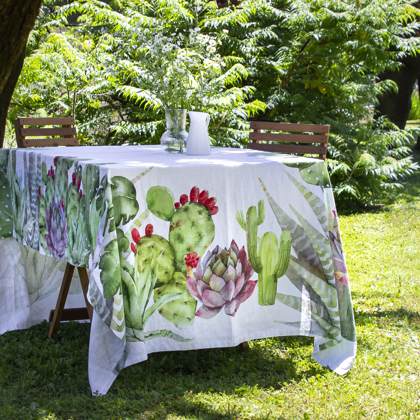 Tovaglia in lino bianco stampa Piante grasse 160X320