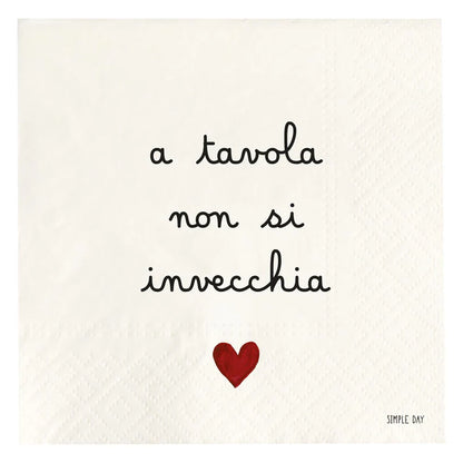 SET 20 TOVAGLIOLI BIANCHI CON DECORO"ATAVOLA NON SI INVECCHIA" 33X33 CM