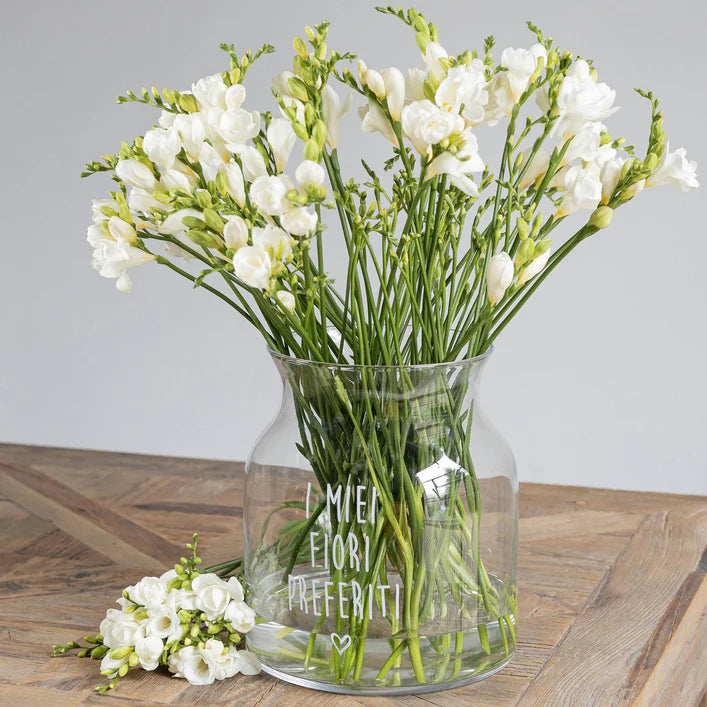VASO PORTAFIORI IN VETRO SUPER TRASPARENTE CON DECORO" i miei fiori preferiti H 34 D. 19