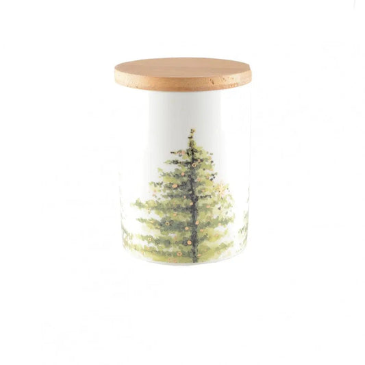 BARATTOLO IN PORCELLANA DECORO ALBERO CON COPERCHIO IN LEGNO 10X10X13,8CM - Dolci pensieri gift
