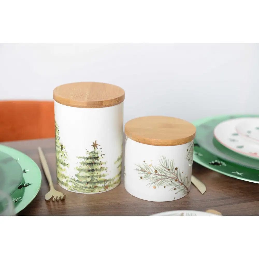 BARATTOLO IN PORCELLANA DECORO ALBERO CON COPERCHIO IN LEGNO 10X10X13,8CM - Dolci pensieri gift