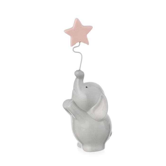 Dolci pensieri gift BOMBONIERA ELEFANTINO CON STELLA ROSA PORCELLANA LUCIDA CM 18 BATTESIMO BIMBA NASCITA