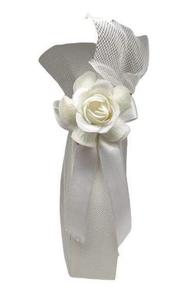Collezione Bomboniere Sacchetto VANITY Lungo Bianco con Fiore e Fiocco 13 cm - Dolci pensieri gift