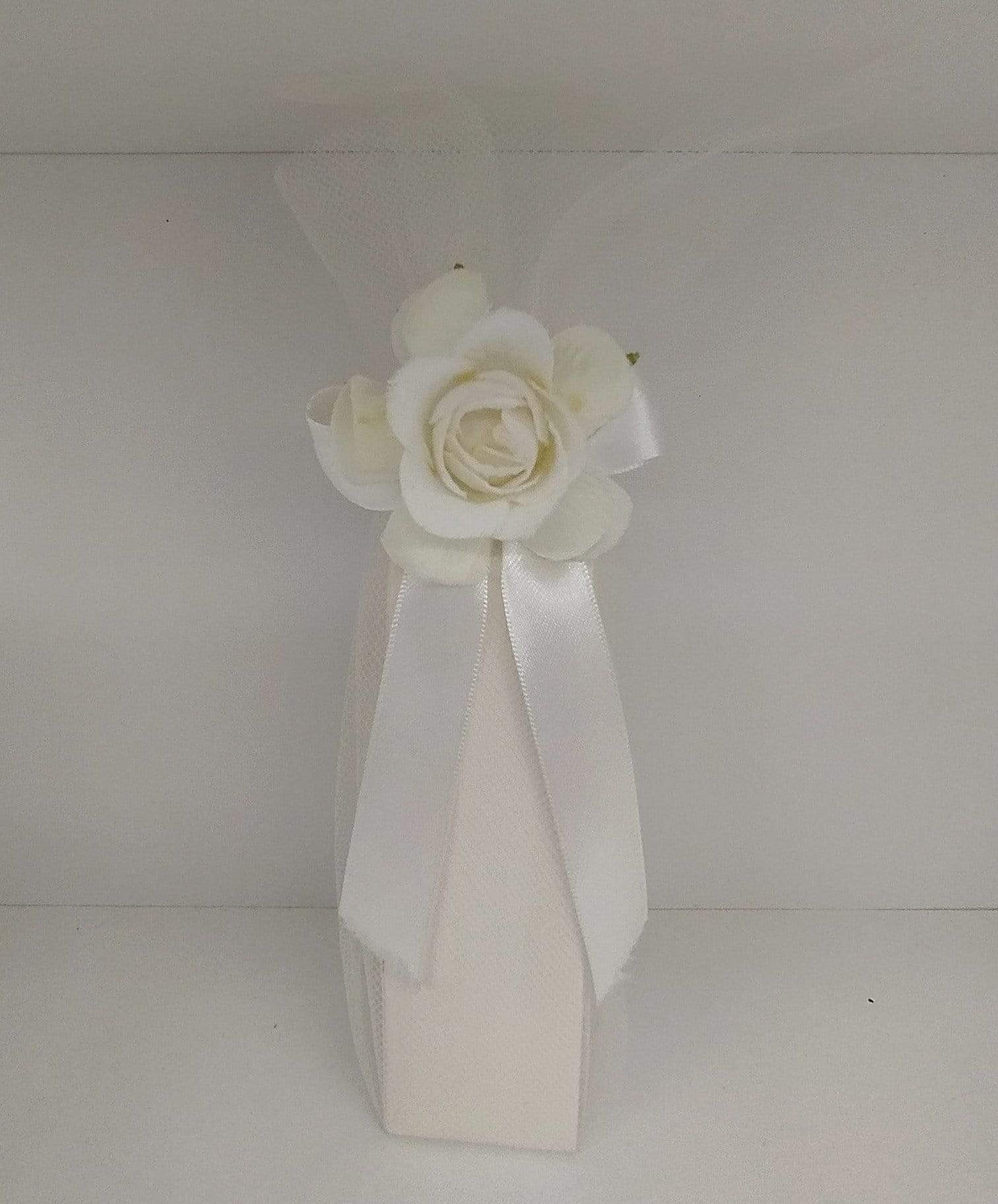 Collezione Bomboniere Sacchetto VANITY Lungo Bianco con Fiore e Fiocco 13 cm - Dolci pensieri gift