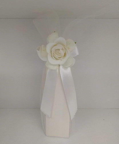Collezione Bomboniere Sacchetto VANITY Lungo Bianco con Fiore e Fiocco 13 cm - Dolci pensieri gift