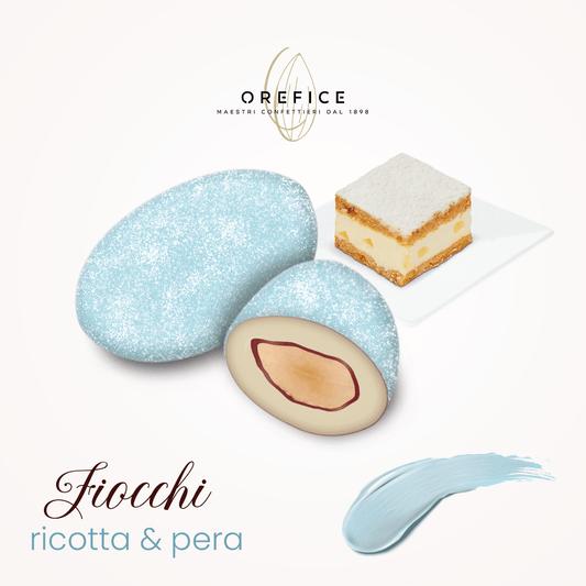 Confetti Fiocchi con Zucchero a Velo e Mandorla Tostata Azzurro Ricotta e Pera 900g - Dolci pensieri gift