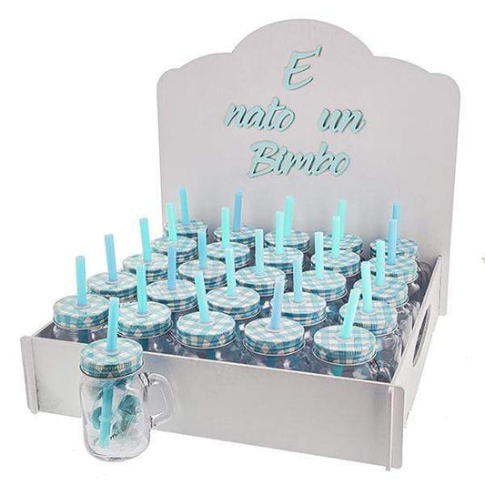 KIT BOMBONIERA " E′ NATO UN BIMBO " + 48 PZ BARATTOLO CANNUCCIA CIELO 7,5X8,5 - Dolci pensieri gift