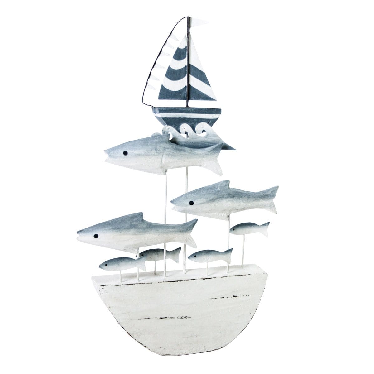 Decorazione in legno SEA Barca a vela con Pesci base toni Blu e Bianco 24 x 7 x 40h - Dolci pensieri gift