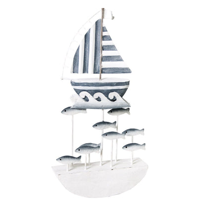 Decorazione SEA in Legno Barca a Vela Rigata con Pesci toni blu e bianco 15 x 4 x 27h - Dolci pensieri gift