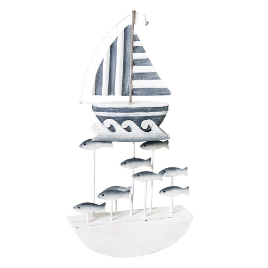 Decorazione SEA in Legno Barca a Vela Rigata con Pesci toni blu e bianco 15 x 4 x 27h - Dolci pensieri gift