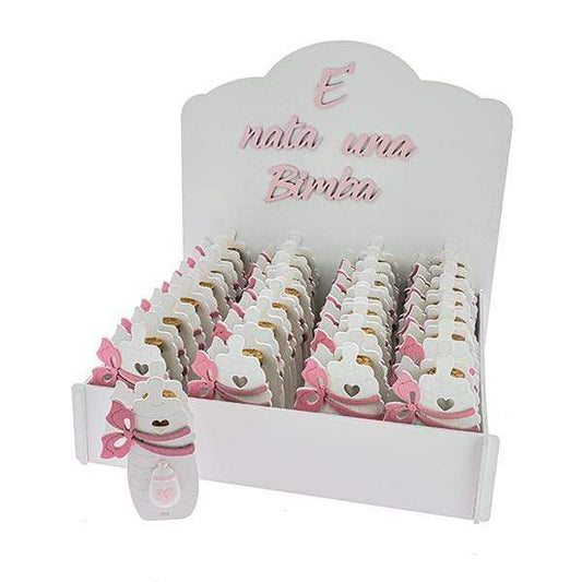 KIT BOMBONIERA " E′ NATA UNA BIMBA " + 48 PZ BOX BIBERON ROSA CON FIALA 7X11,5" - Dolci pensieri gift
