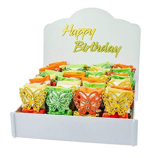 KIT BOMBONIERA " HAPPY BIRTHADAY " + 48 PZ FARFALLA STRASS 3 COLORI ASS. - Dolci pensieri gift