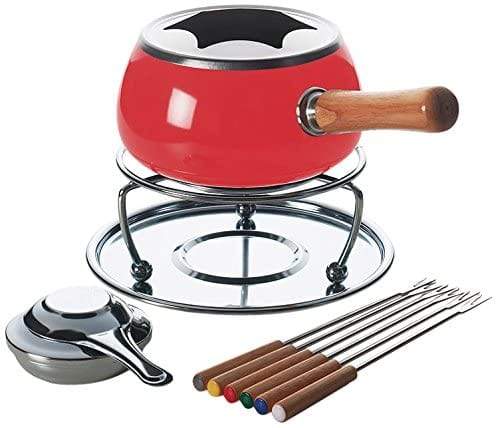 Servizio fonduta 11 pezzi in metallo rosso con manico in legno - Dolci pensieri gift