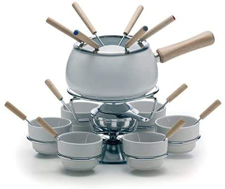 Servizio fonduta 22 pezzi in ceramica smaltata bianca con manico in legno - Dolci pensieri gift