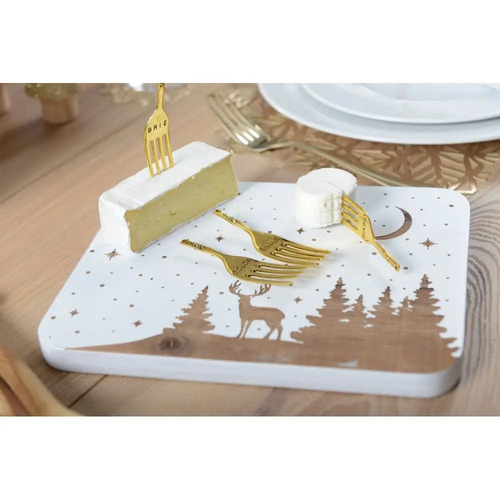 SET 4 FORCHETTE DA FORMAGGIO ORO CON VASSOIO IN ACACIA - Dolci pensieri gift