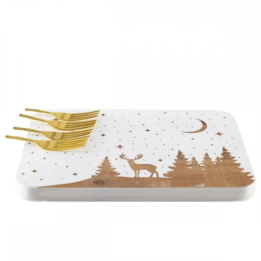SET 4 FORCHETTE DA FORMAGGIO ORO CON VASSOIO IN ACACIA - Dolci pensieri gift