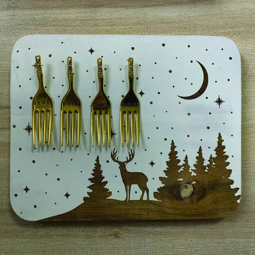 SET 4 FORCHETTE DA FORMAGGIO ORO CON VASSOIO IN ACACIA - Dolci pensieri gift