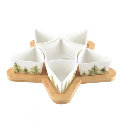 SET APERITIVO CON 6 COPPETTE IN PORCELLANA DECORO ALBERI, BIFFET TAVOLA NATALIZIA - Dolci pensieri gift