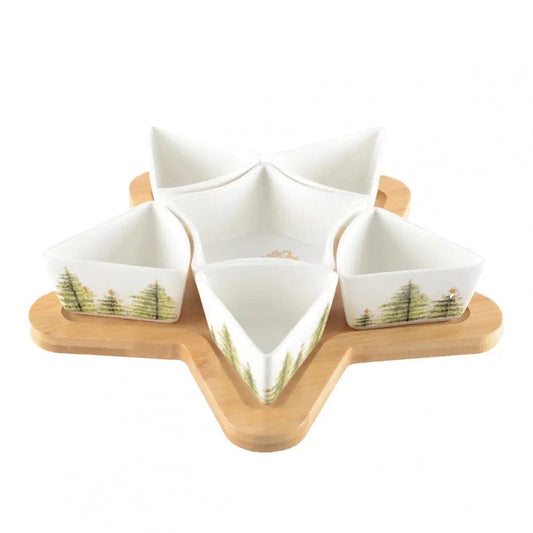 SET APERITIVO CON 6 COPPETTE IN PORCELLANA DECORO ALBERI, BIFFET TAVOLA NATALIZIA - Dolci pensieri gift