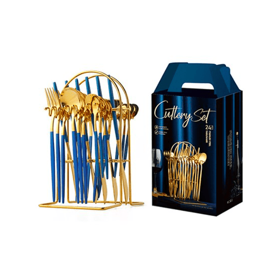 Set di stoviglie in acciaio inox, 24 pezzi, con ripiano portaoggetti. BLU - Dolci pensieri gift