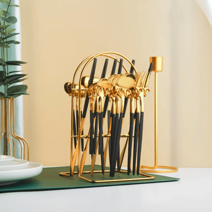 Set di stoviglie in acciaio inox, 24 pezzi, con ripiano portaoggetti. NERO - Dolci pensieri gift