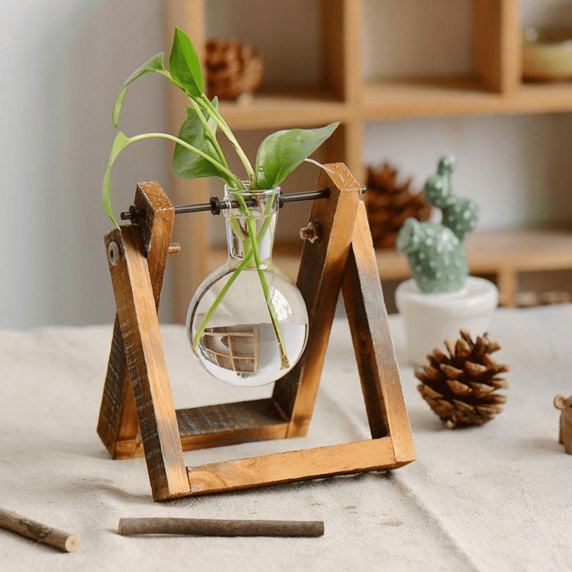 Vaso monofiore in vetro supporto in legno per piante - Dolci pensieri gift