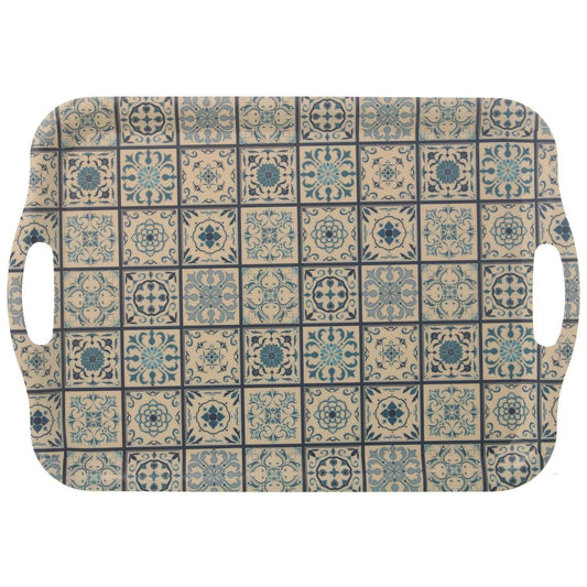 Vassoio in Bambù beige con decorazione maioliche blu 47x32,5x2 Cm - Dolci pensieri gift