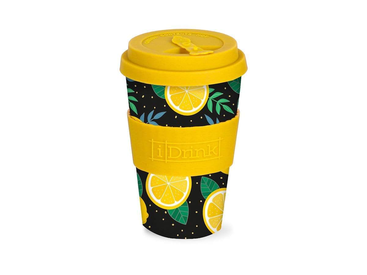Bicchiere travel mug in bambù con fascetta in silicone termica fantasia limoni 400ml - Dolci pensieri gift