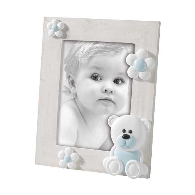 Cornice portafoto con cuori orsetto azzurro shabby chic 13x18 cm - Dolci pensieri gift