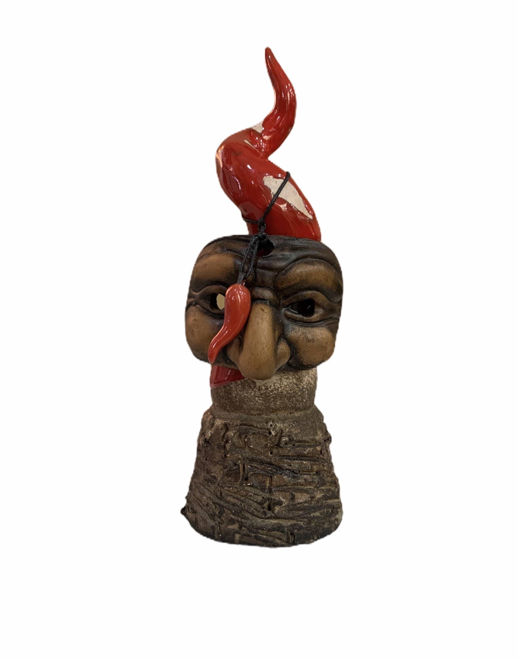 Corno Vesuvio Artigianale Ceramica Rosso Legno Con Maschera Di Pulcinella - Dolci pensieri gift