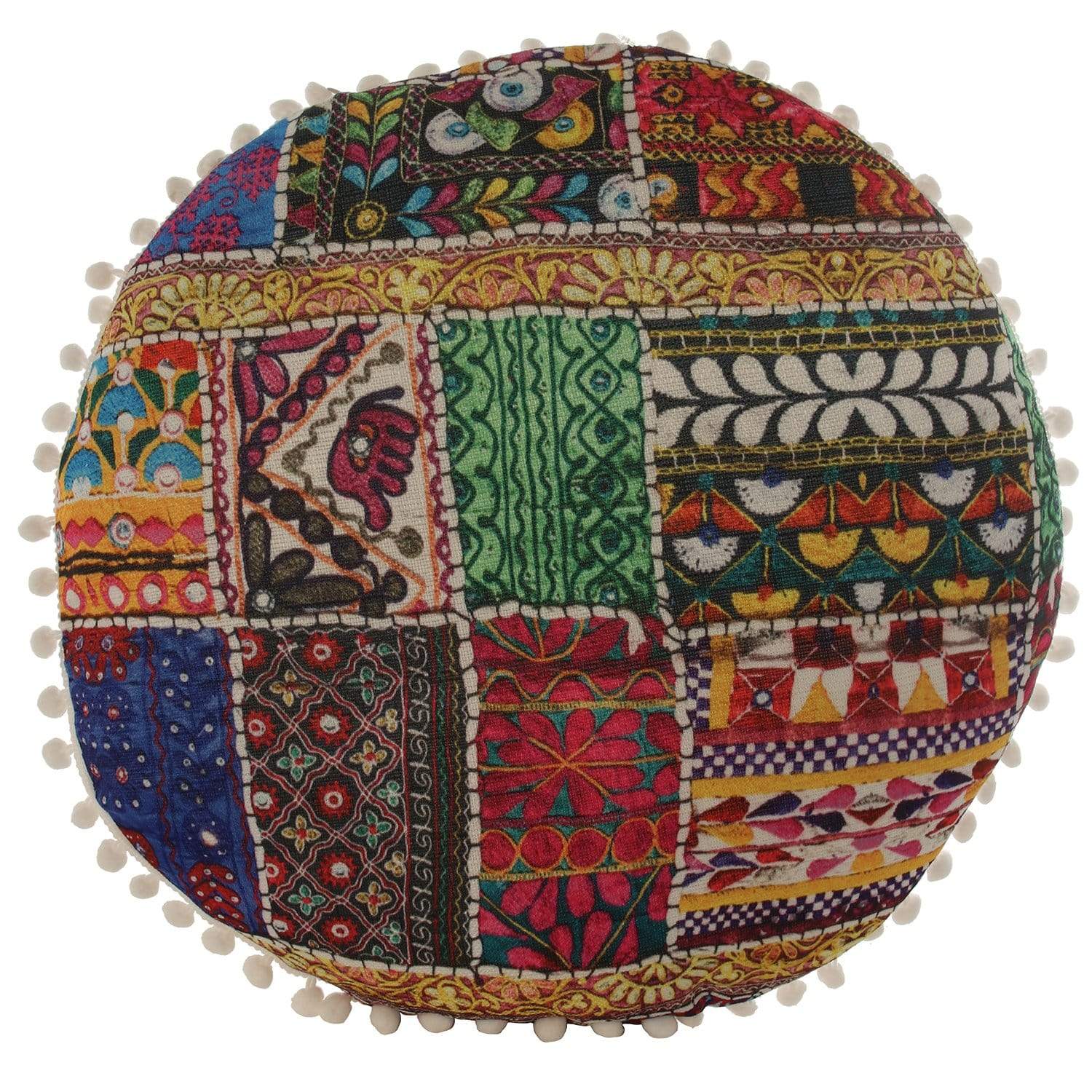 Cuscino tondo stile etnico con pattern effetto ricamato con ponpom 45 cm - Dolcipensierigift