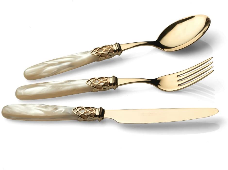 D&D - Set posate 24 pezzi France oro, ghiera oro, manico madreperla champagne - Confezione vetrina - Dolci pensieri gift