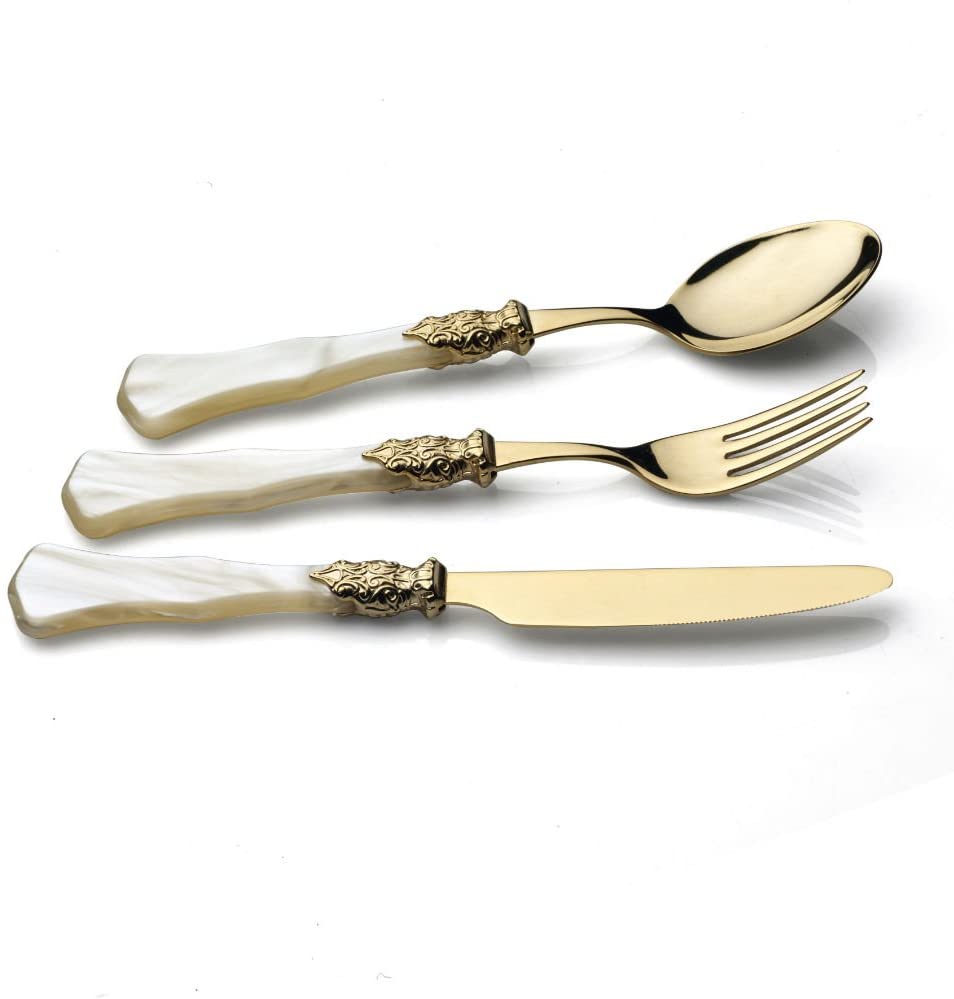 D&D - Set posate 24 pezzi Ginevra oro, ghiera oro, manico madreperla champagne - Confezione vetrina - Dolci pensieri gift