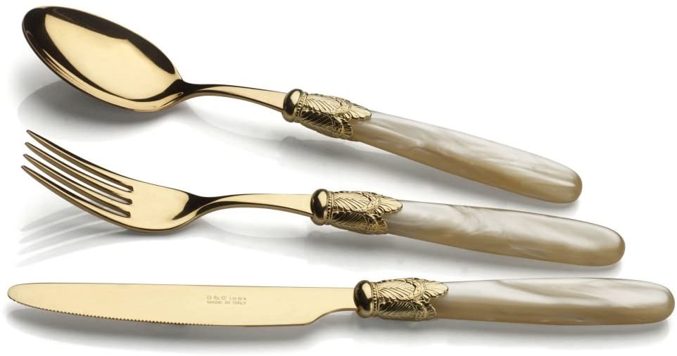 D&D - Set posate 24 pezzi Ischia oro, ghiera oro, manico madreperla champagne - Confezione vetrina - Dolci pensieri gift