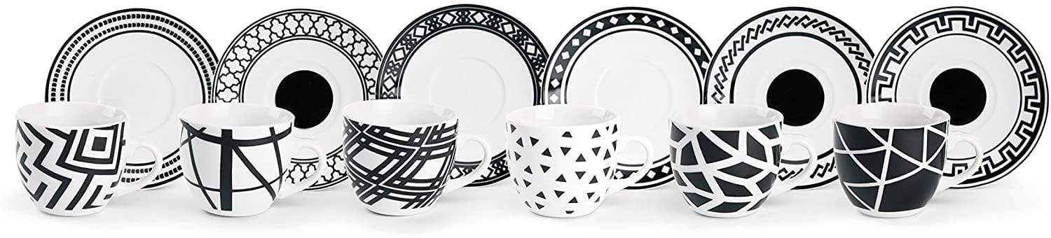 Cortina Servizio Tazzine da caffè con Piattino, Bianco/Nero tazze SET 6 pezzi - Dolci pensieri gift